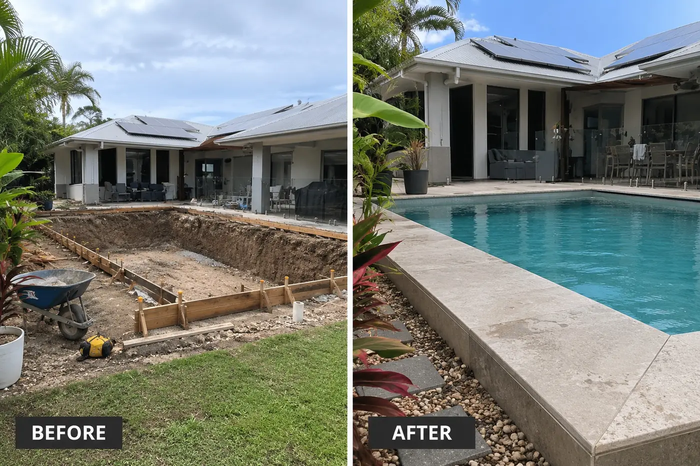 Before and after of a Darwin tropical home pool: the dug and boxed site, then the finished pool with raised stone-look coping