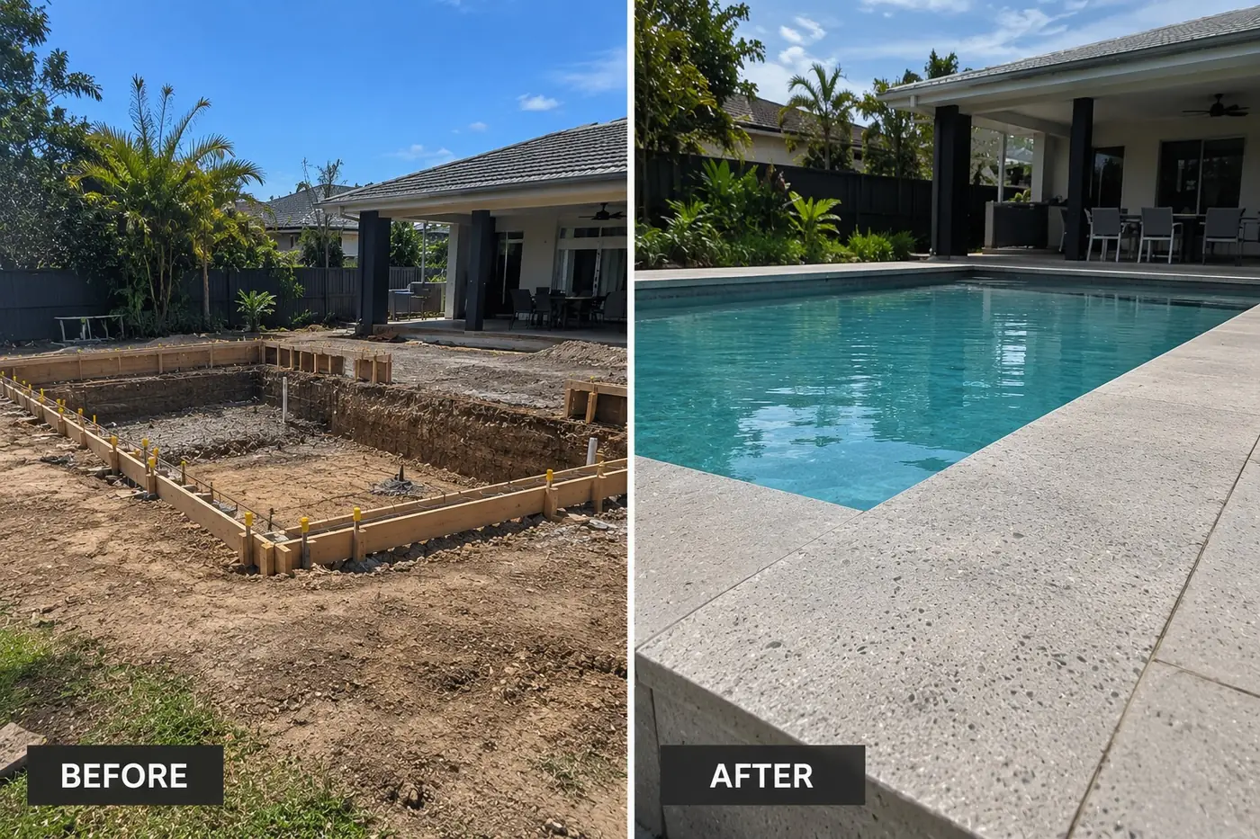 Before and after of a Darwin backyard pool: formwork and reinforcement in the hole, then the finished pool with a honed concrete surround