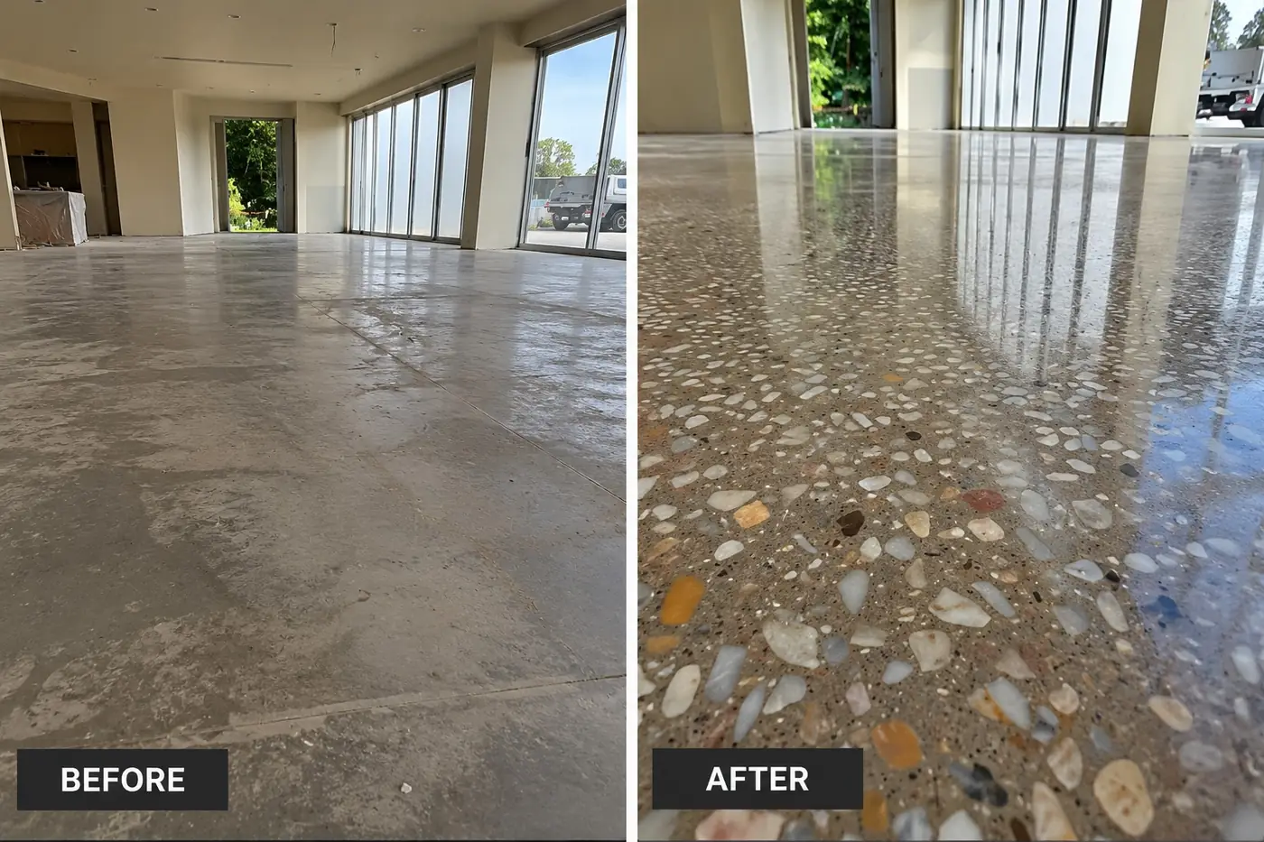 Before and after of a Darwin commercial space: a worn slab ground deep to show coloured stone, then polished