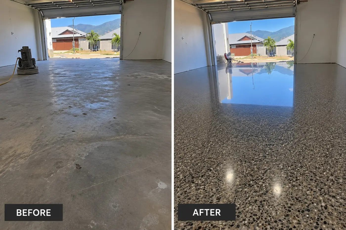 Before and after of a Darwin garage: a patchy, stained slab polished to a glossy aggregate floor