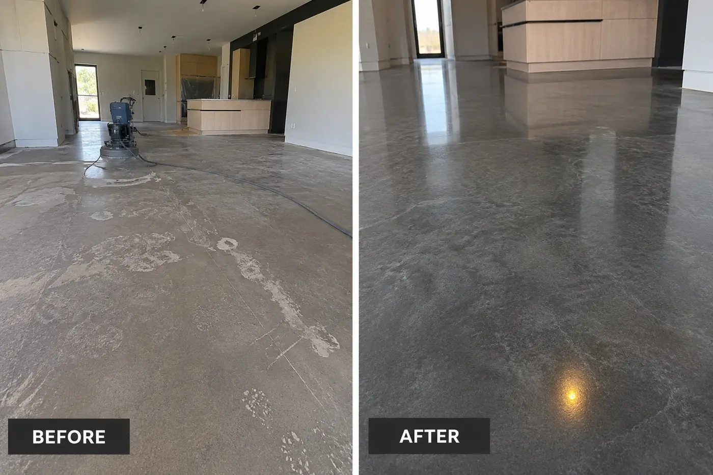 Before and after of a Darwin kitchen and living area: a marked new-build slab polished to a smooth grey sheen