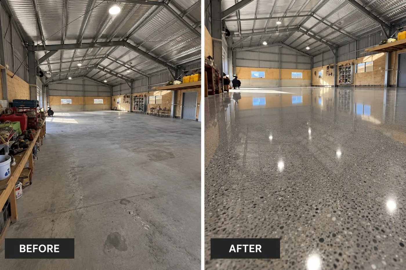 Before and after of a Darwin shed and workshop: an oil-marked slab polished to a bright, reflective floor
